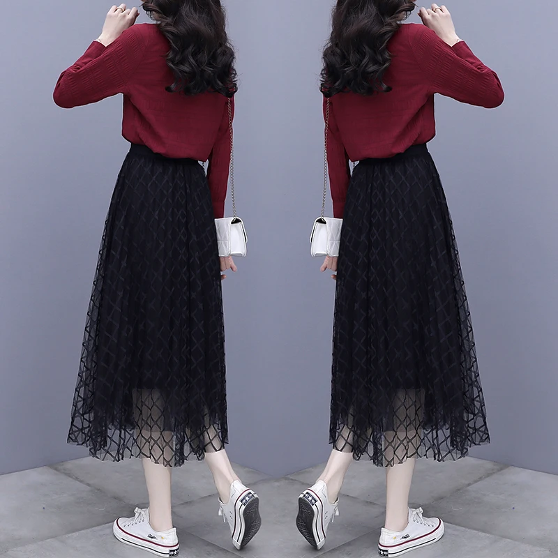 

2021 Spring New Light Ripe Age Gauze Shirt Two-Piece Set Clothing Women Blouse Shirt Long Black Skirt Suit Outfit
