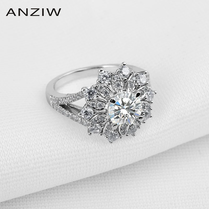 

ANZIW Luxury Cluster Sona 925 Sterling Silver Ring 1.25 Carat Women Fine Jewelry Flower Design Wholesale Lover Promise Finger