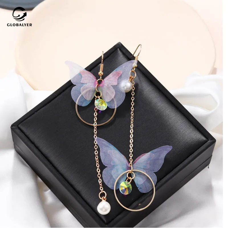 Корейские Ретро Асимметричные Серьги-бабочки Длинные круглые серьги с крыльями