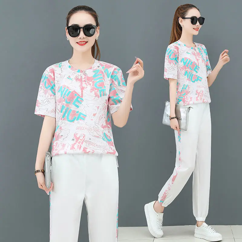 

Summer Printed Casual Loose Breathable Round Neck Short Sleeve Top Nine Pants Two Piece Set Womens Clothing Orange Pink Green