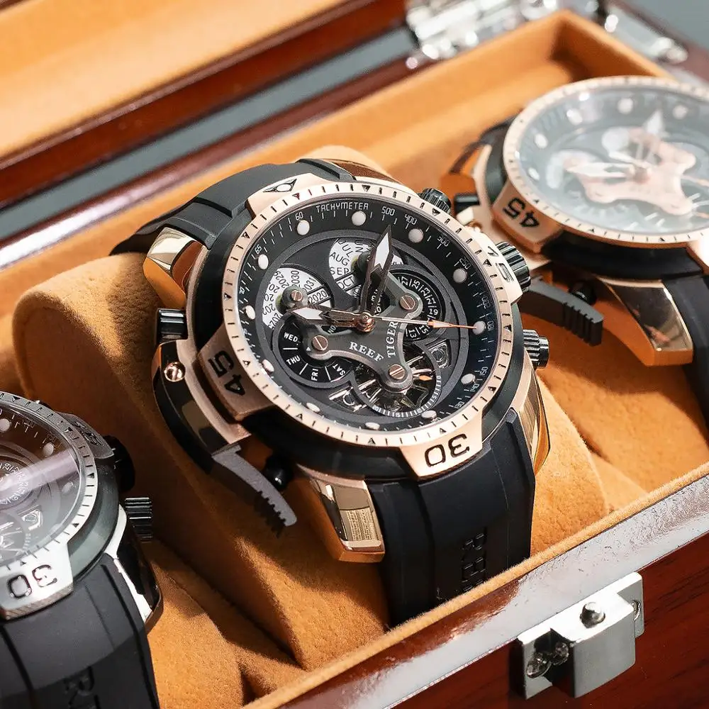 

Reef Tiger/RT Mens Sport Watches with Complicated Dial Rose Gold Case Automatic Military Watch with Rubber Strap RGA3503