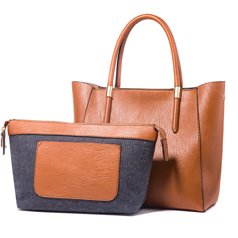 

2Pcs/Set Bag Set For Women Soft PU Leather Bucket Shoulder Handbag Solid Color Zipper Coin Card Wallet Purse Crossbody Bag Sets
