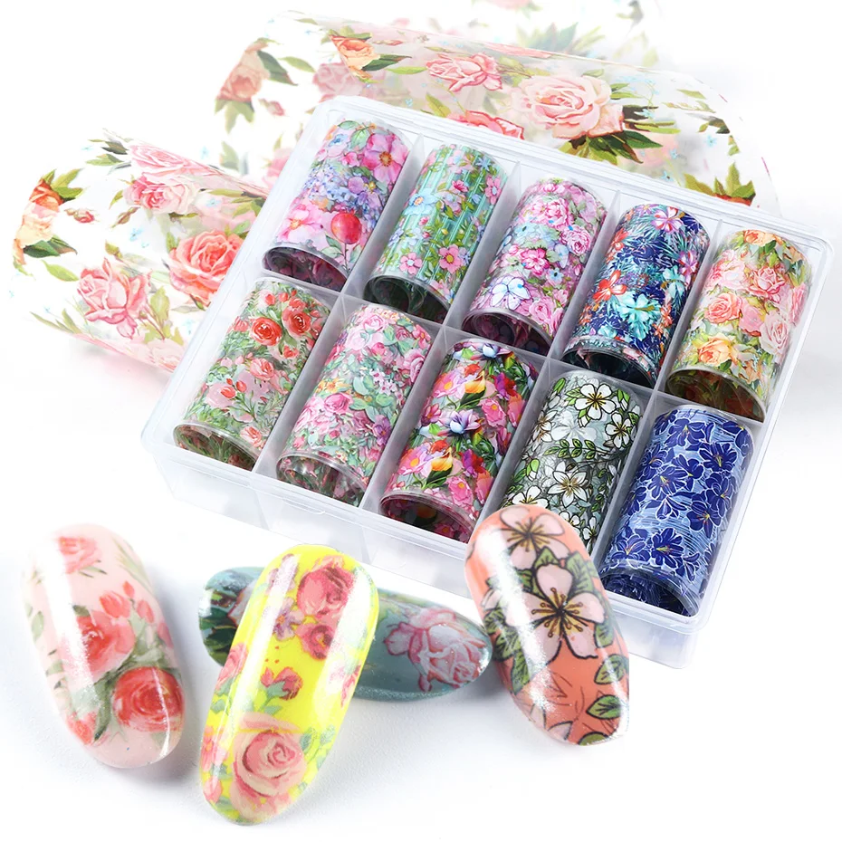 10 шт. фольга с розами для украшения ногтей цветные переводные наклейки клеящиеся