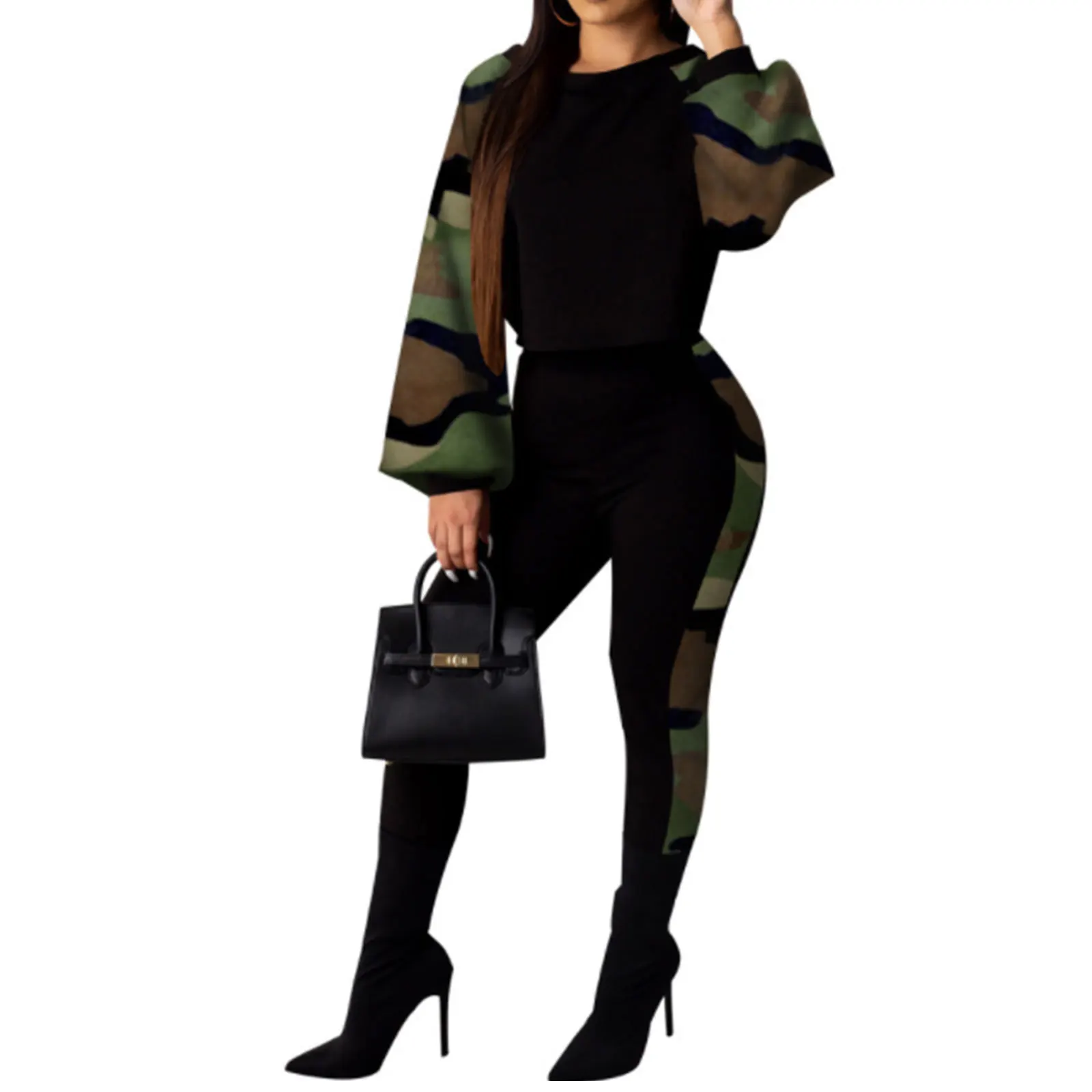 

Women Long Sleeves + Trousers, Camouflage/ Leopard/ Snake Pattern Stitching, Exposed Navel Ribbed Closing Summer Clothing