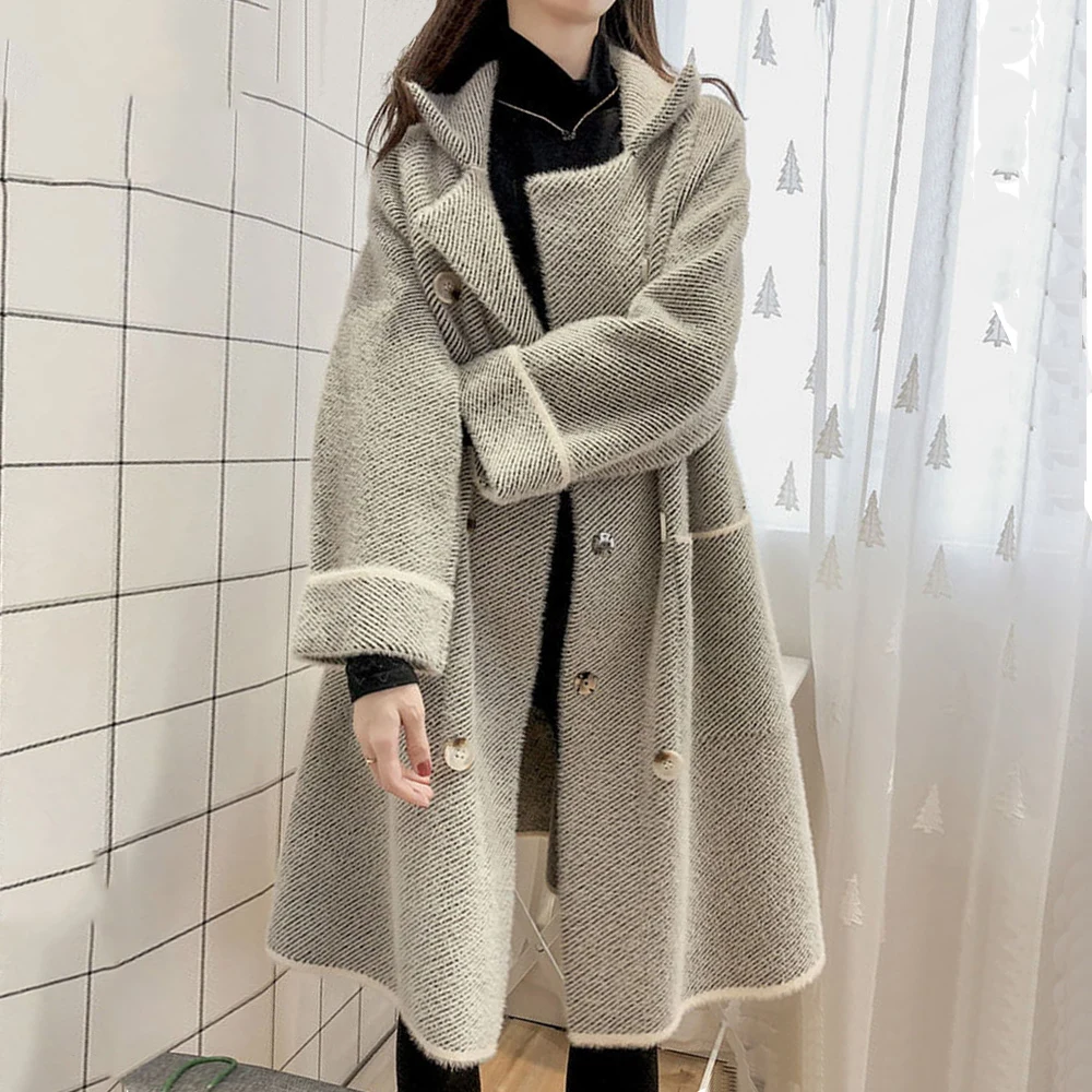 

Imitation Mink Fleece Winter Women's Overcoat Long Woolen Coat Mid-length Splicing Female Elegant Jacket Suitable For Dating