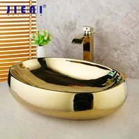 jieni polished gold bathroom ceramic basin sink golden plated solid brass faucet tap set bowl vessel washbasin sink w pop drain