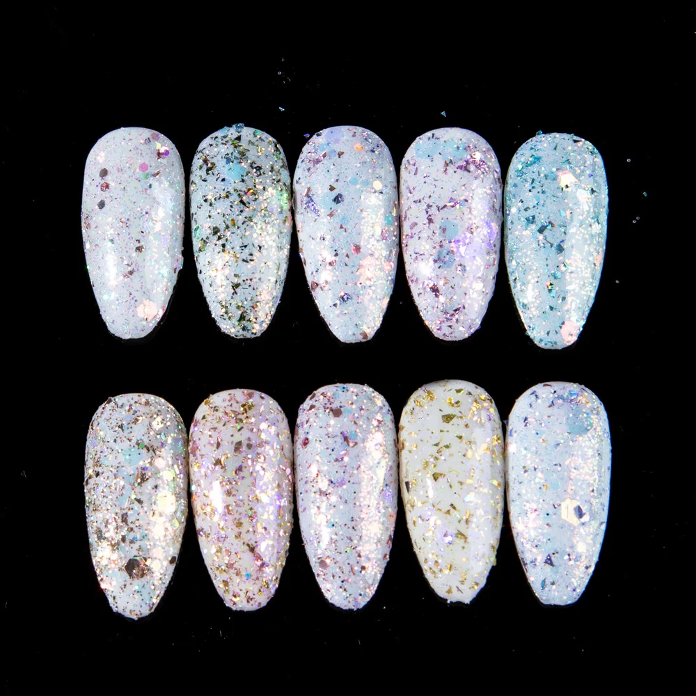 Голографическая нестандартная блестящая пудра смешанной формы лазерная для