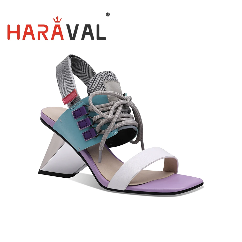 

HARAVAL 2021 Women Sandals Shoes Genuine Leather High Heels Strange Style Hook & Loop Cross-Tied Casual Black Back Strap B124