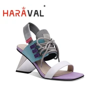 haraval 2021 women sandals shoes genuine leather high heels strange style hook loop cross tied casual black back strap b124