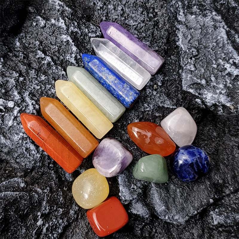 

Chakela Stone Seven Chakra Hexagonal Column Crystal Power Stone Set Amethyst Pink Quartz Healing Gemstones Home Mineral Decor