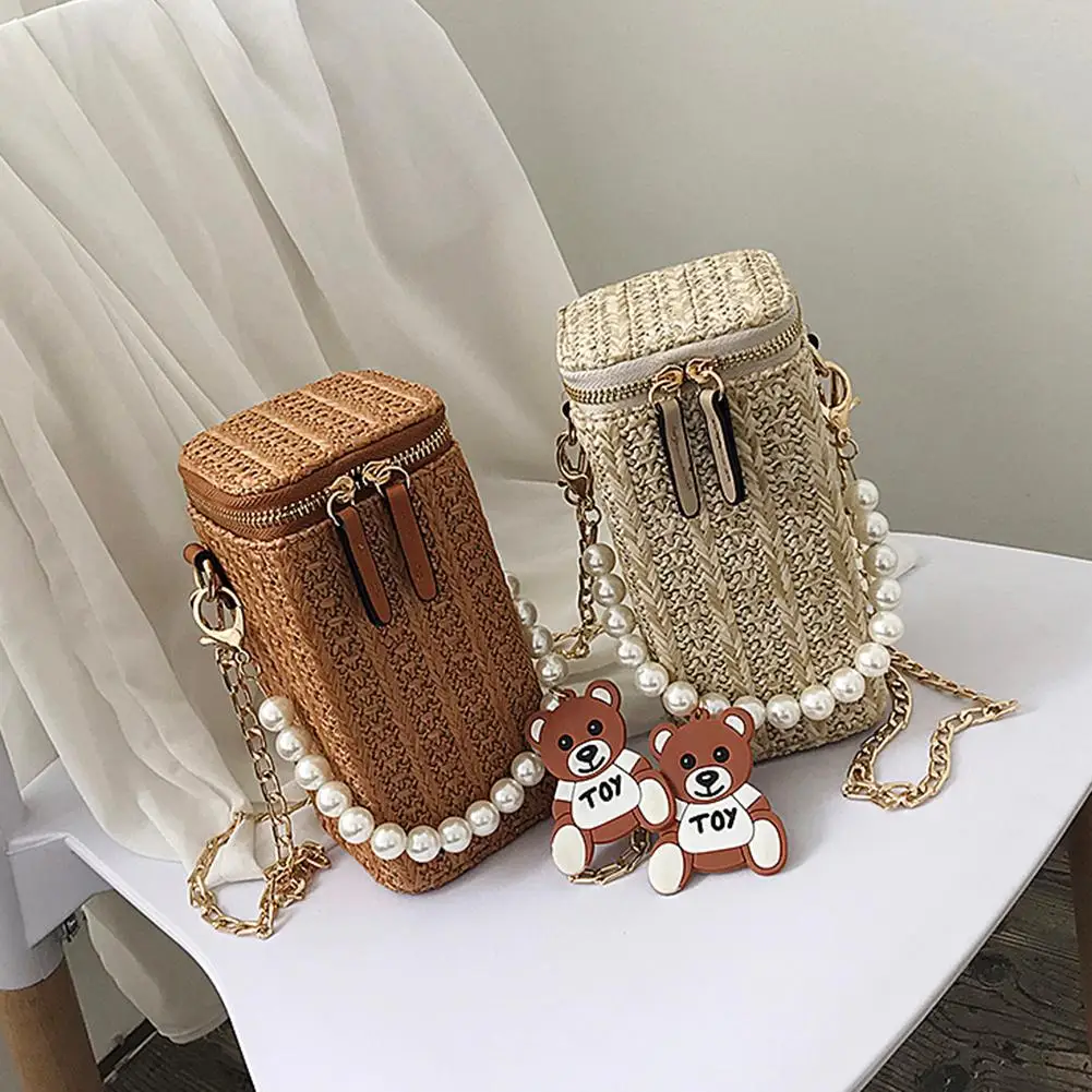 

Женская Соломенная Сумка через плечо, летняя пляжная мини-сумка ручной работы из ротанга, с цепочкой и жемчугом, 2021