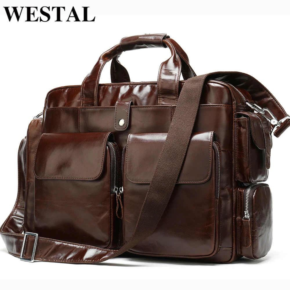 WESTAL Men's Briefcases Genuine Leather Bag for Document a4 Leather Laptop Bag 14inch Buisness Computer Bags Totes Bags for Men