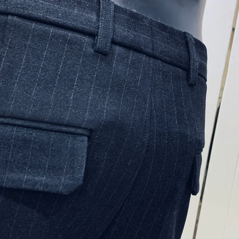 

Autumn Men 2021 Suit Pants Woolen Striped Slim Business Dress Pants Casual Wediing Streetwear Social Trousers Pantalon Homme