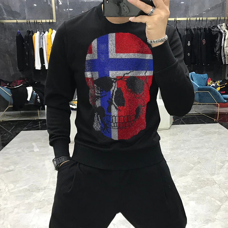 

New 2021 Winter Men's Hoodie High Quality Sweatshirt Diamond Crew Neck Casual Long Sleeve Slim Top Skull Pattern Oversize