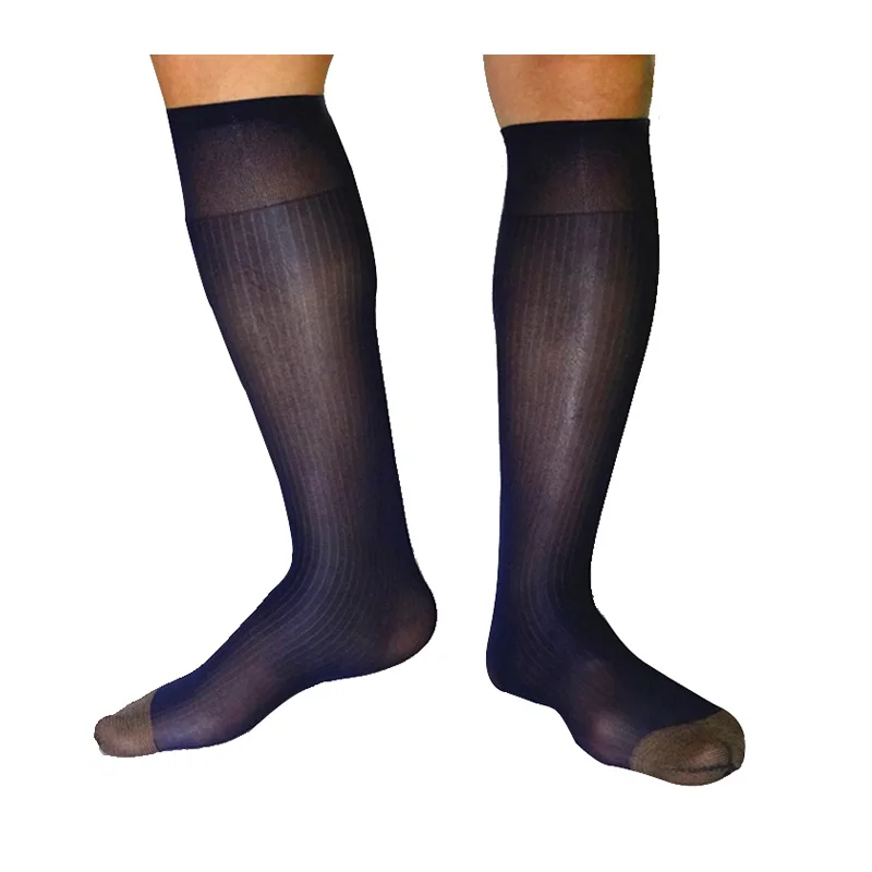 New List Arrival Sheer Men Formal Dress Socks See Through Long Nylon Silk Stripe Male Sexy Sheer Hose Stockings Socks