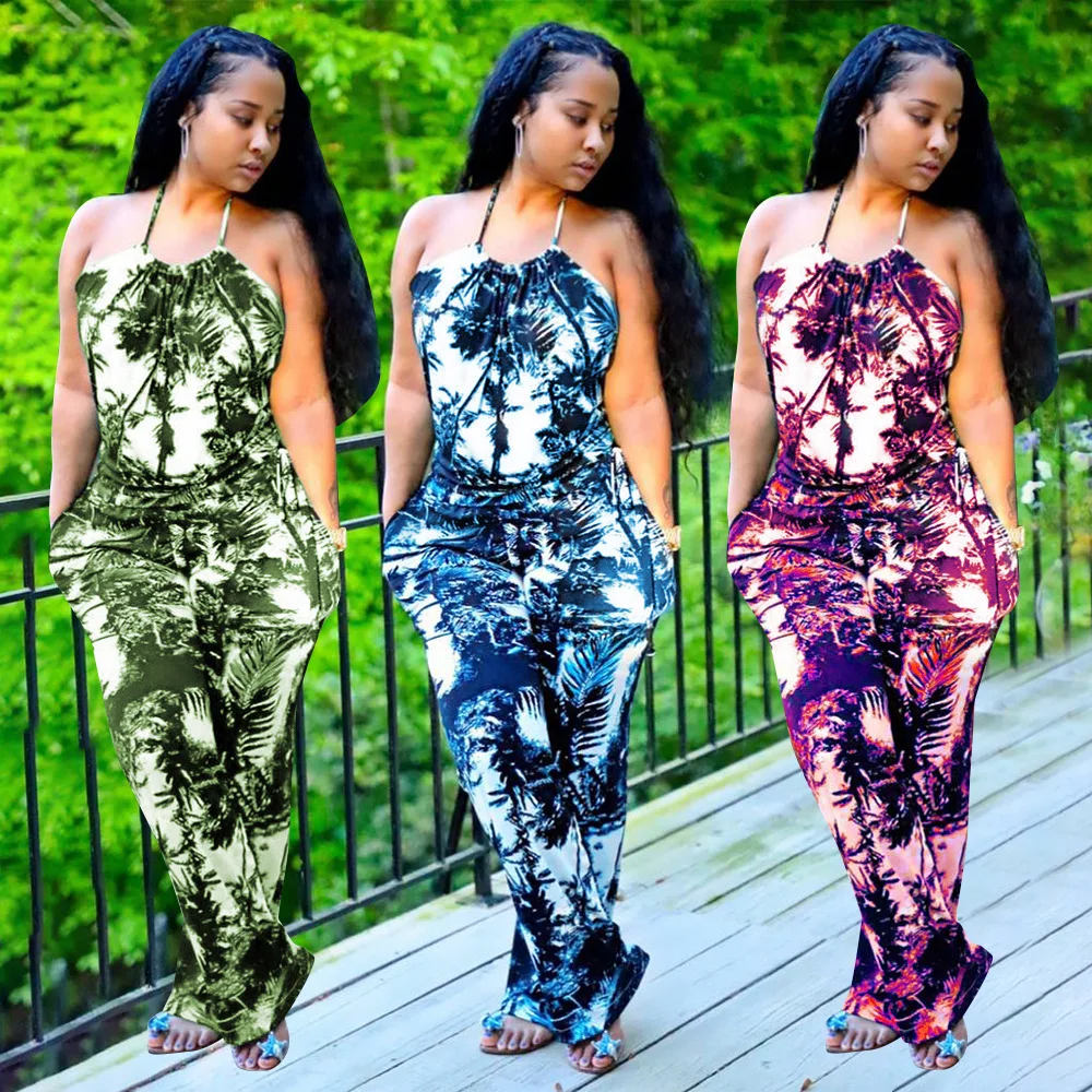 

Женский слитный комбинезон на бретельках, повседневный комбинезон с принтом и открытой спиной, Пляжная уличная одежда для отдыха, лето