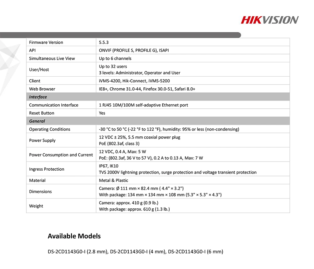 Hikvision DS-2CD1143G0-I POE камера видеонаблюдения 4MP IR Сетевая купольная камера 30 м IR IP67 IK10 H.265+ слот для sd-карты