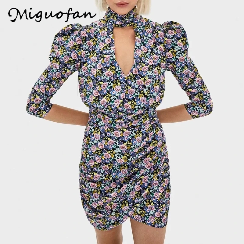 Miguofan Women dress floral printing V neck straight dresses women sexy party club hollow out summer vestidos za | Женская одежда
