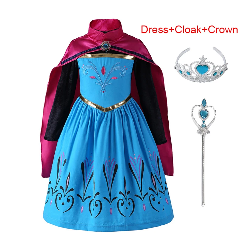 Dress Cloak Crown Платье принцессы Эльзы для девочек; карнавальный костюм; нарядное платье принцессы с накидкой; вечерние платья Снежной Королевы на Хэллоуин - Цвет: Dress Cloak Crown