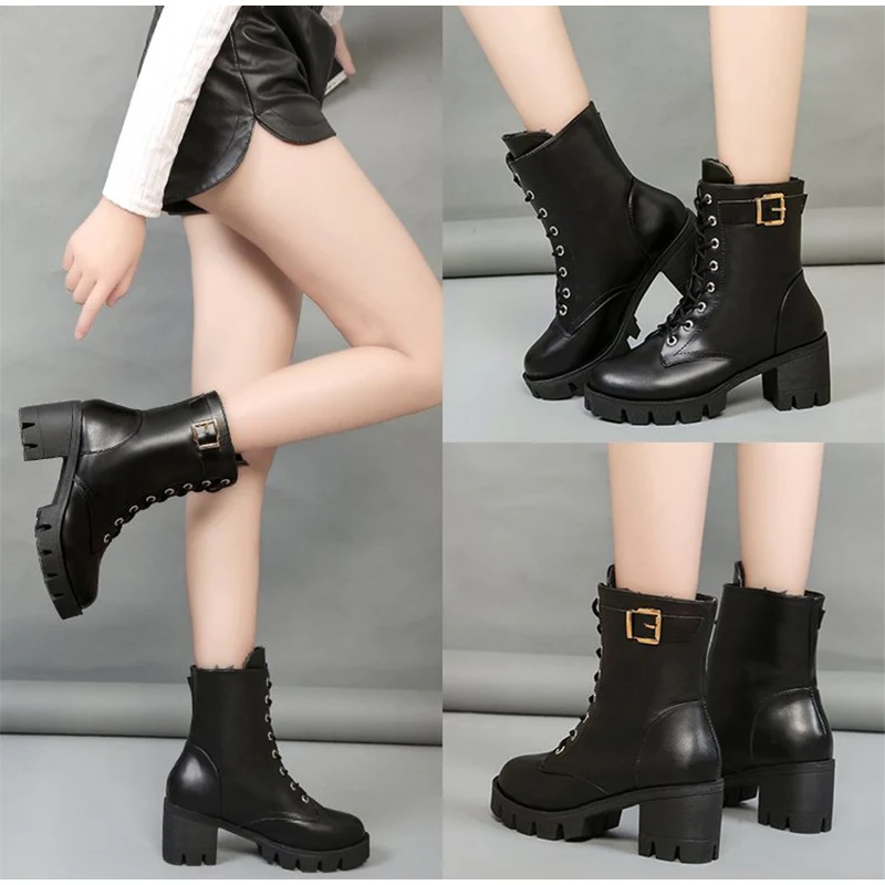 TINO KINO/женские ботильоны в байкерском стиле; женская обувь на платформе и высоком квадратном каблуке со шнуровкой и пряжкой; Короткие Плюшевые ботинки; Новинка; Женская Осенняя обувь