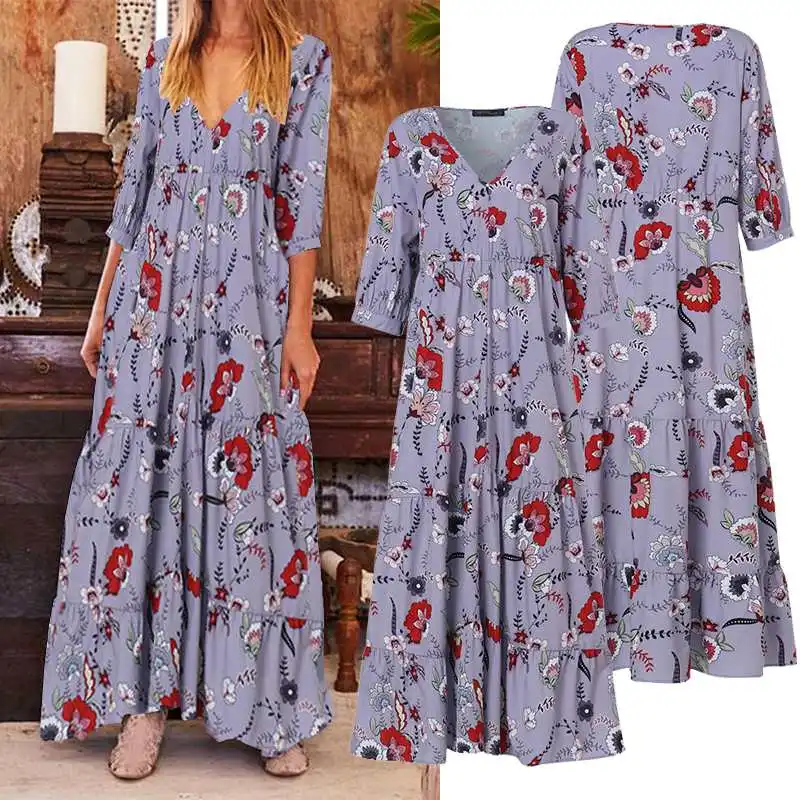 Осенний праздничный сарафан ZANZEA Повседневный 3/4 рукав длинный макси Vestido женский сексуальный v-образный вырез с цветочным принтом богемное женское платье халат