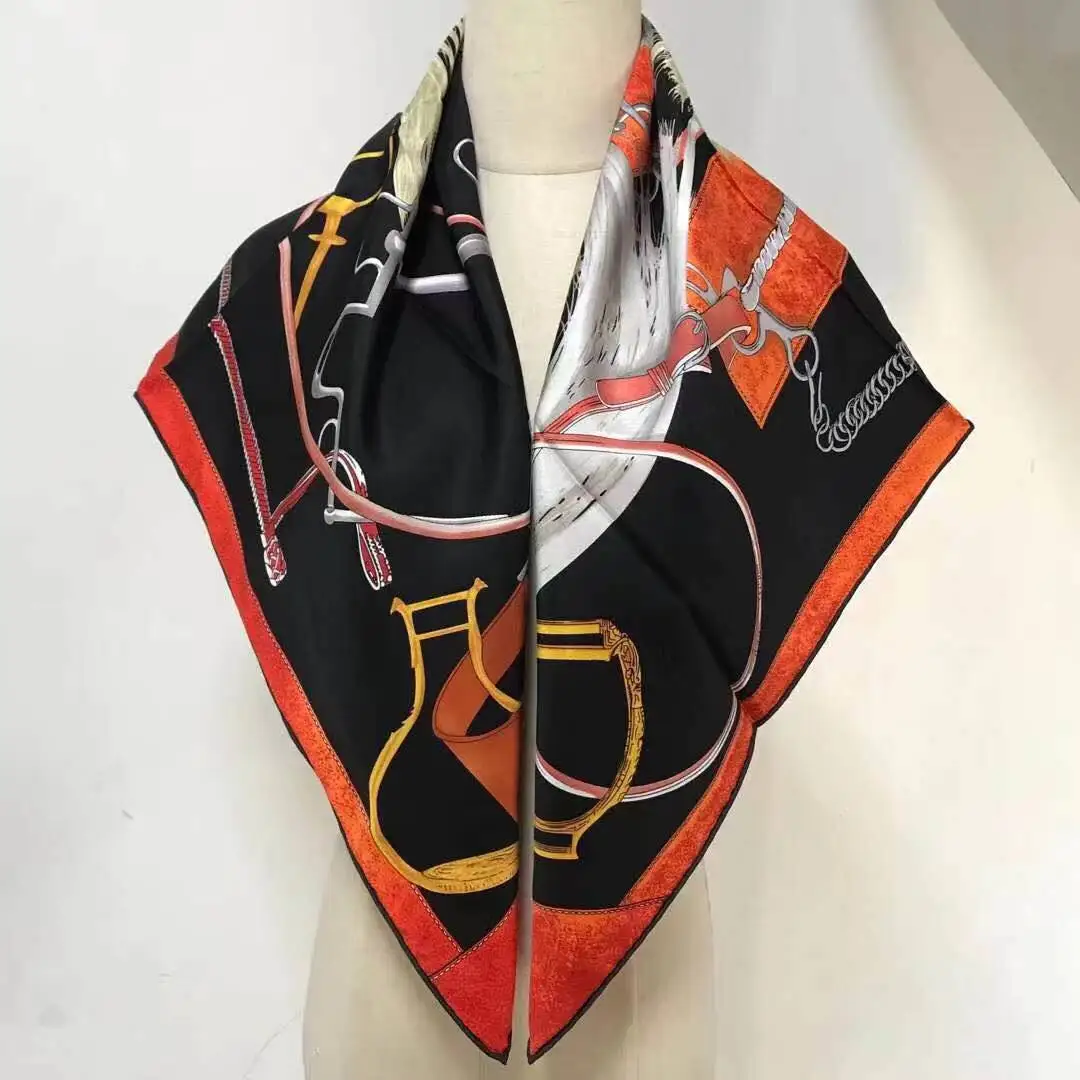 

2021 new arrival winter spring classic orange chain 100% real silk scarf twill hand made roll 90*90 cm shawl wrap for women lady