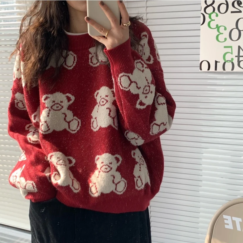 

2020 new Fashion Korean Kawaii Crew neck Knitted Cartoon Printing bear sweater women Leisure Loose long sleeve Thick tops Hot