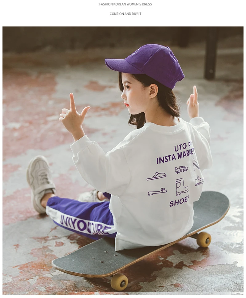Детский спортивный костюм белый/фиолетовый пуловер с надписью толстовка+ брюки комплект одежды для девочек-подростков, повседневная От 9 до 14 лет