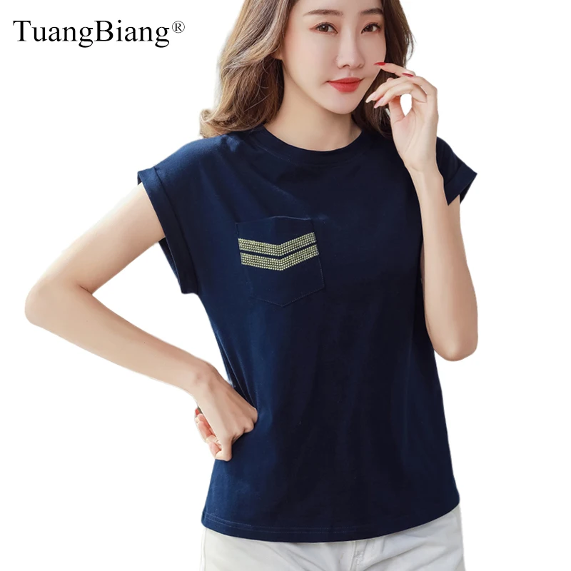 

2022 Bright Line Decoration Pocket Summer Simple Cotton T-Shirts Woman Batwing Sleeve Loose O-Neck Tshirts Ladies Cozy Blue Tops