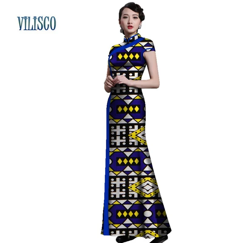 

Elegant Chinese Cheongsam African Print Lace Dresses for Women Bazin Riche Custom Clothing Sexy Straight Splice Dress WY2856