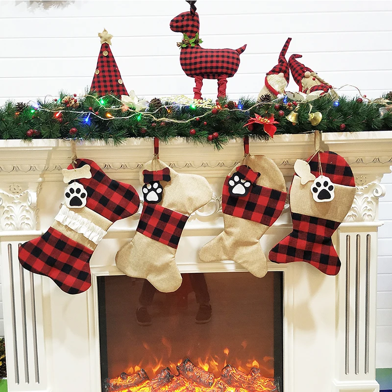 

100pcs/lot Wholesale Fishbone Plaid Stocking Hanging Christmas Decoration High Quality Party Decoration For Lovely Children Gift