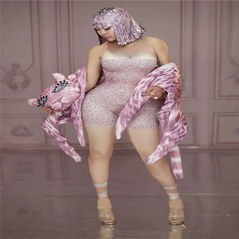 Женское боди для танцев Стразы T65 розовое костюм певицы с кристаллами одежда