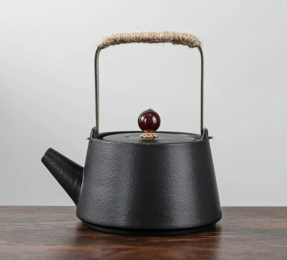 

Черный керамический чайник с подъемным лучом, простой агатовый чайный набор, креативный Ретро одинарный чайник, керамический чайный набор ...