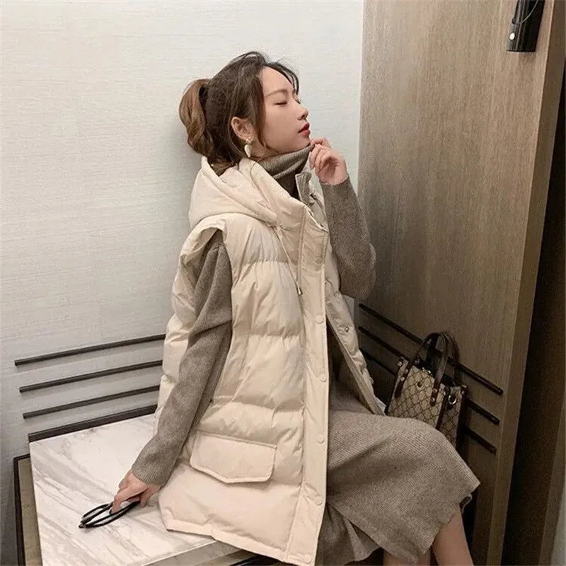 

2021New Winter Down Cotton Vest Women's Mid-length Cotton Padded Women Coat Loose Hooded Wild Women's Sleeveless Jacket W2377