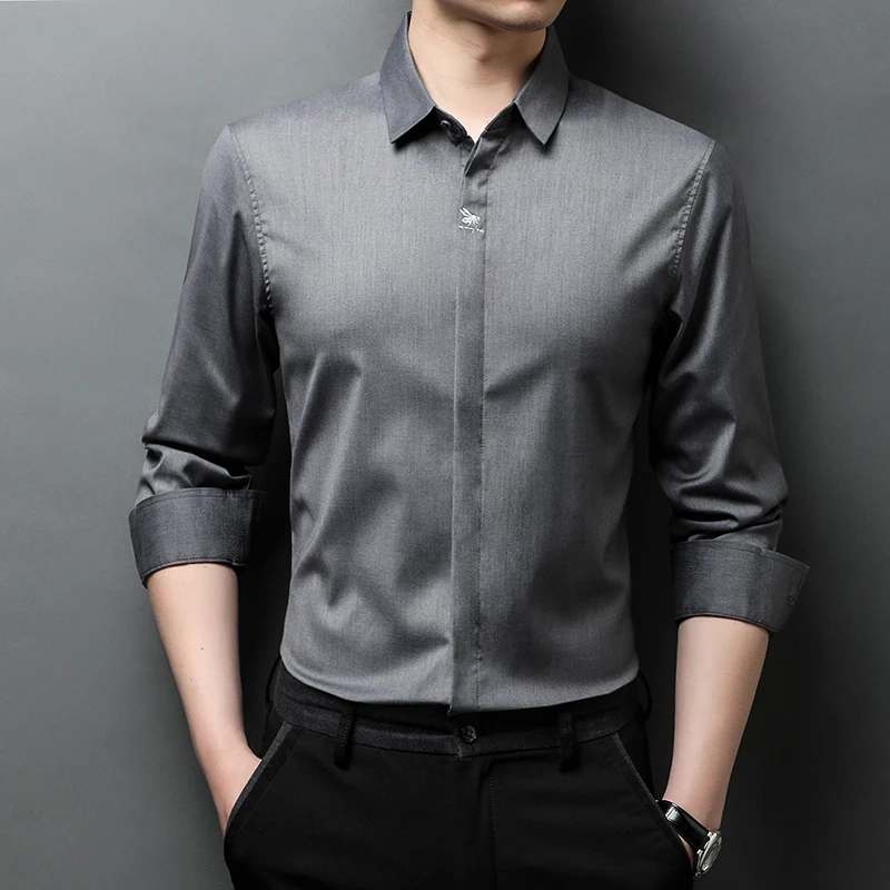 

No iron shirt men's long sleeve 2021 spring and autumn grey middle aged business dress casual men's shirt solid color