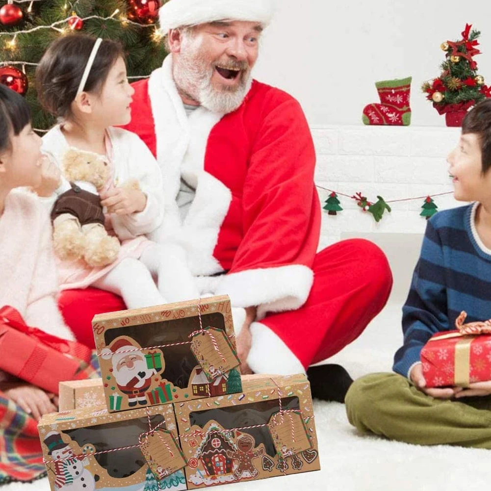

12Pcs Christmas Cookie Box Kraft Paper Candy Gift Boxes Bags Food Packaging Box Christmas Party Kids Gift New Year Navidad
