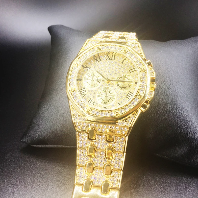Мужские часы в стиле хип хоп Лидирующий бренд роскошные со льдом золотые