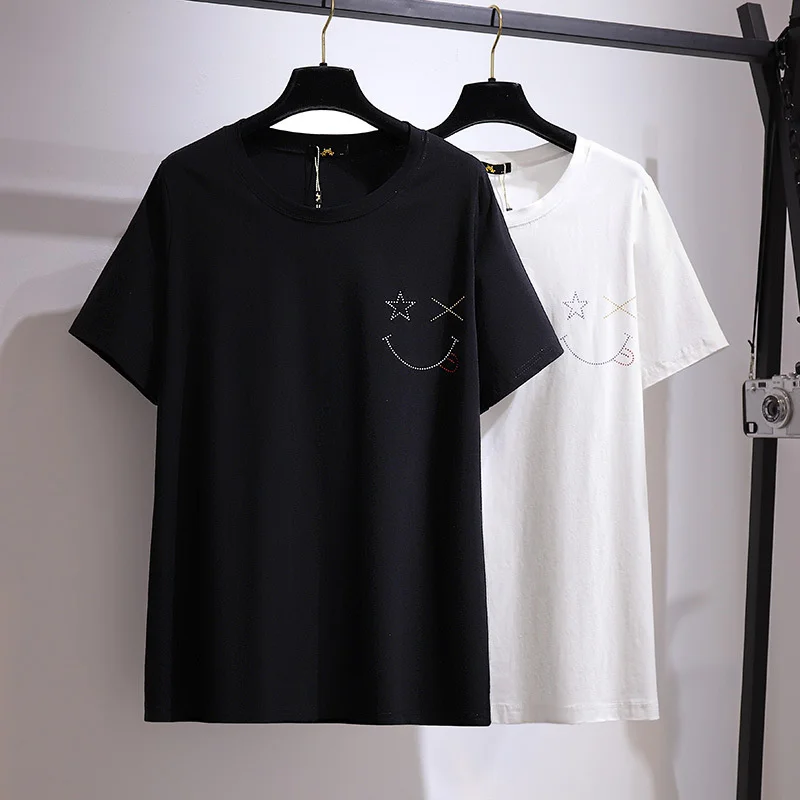 

Fat Sister Smile Face Print Thin Top Korean Loose Short Sleeve T-shirt 2021 Summer New Large Women's Wear