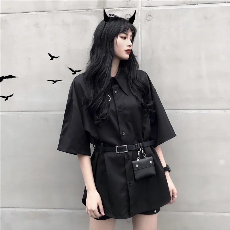 Готический панк кольцо воротник пояс сумка элегантная Свободная блузка Harajuku уличная Корейская женская длинная рубашка Топ черный хип хоп Blusas