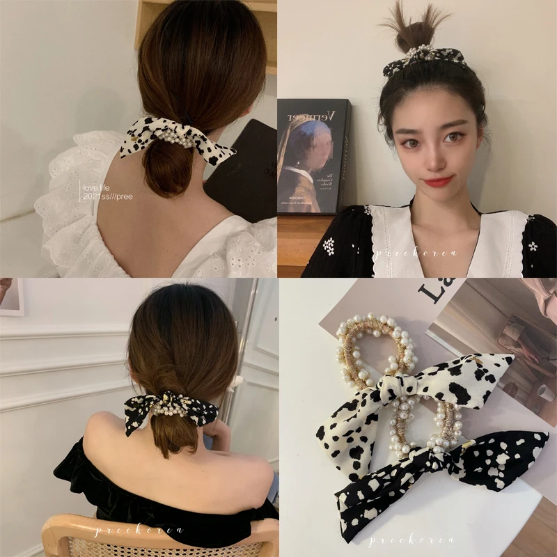 

Korean Style Pearl Bow Women Girls Hair Accessories Scrunchies Headband Fashion Retro Cows Hair Clips Headwear Elastic Hairband