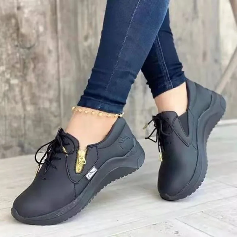 

2021 Women's Sports Shoes PU Breathable Lace-up Running Shoes Comfortable Lightweight Zipper Vulcanized Shoes Flat Casual Shoes