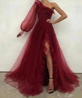 burgundy split evening formal dress arabic dubai one shoulder sleeve prom party gown ruffles 2022 new robe de soir%c3%a9e vestidos