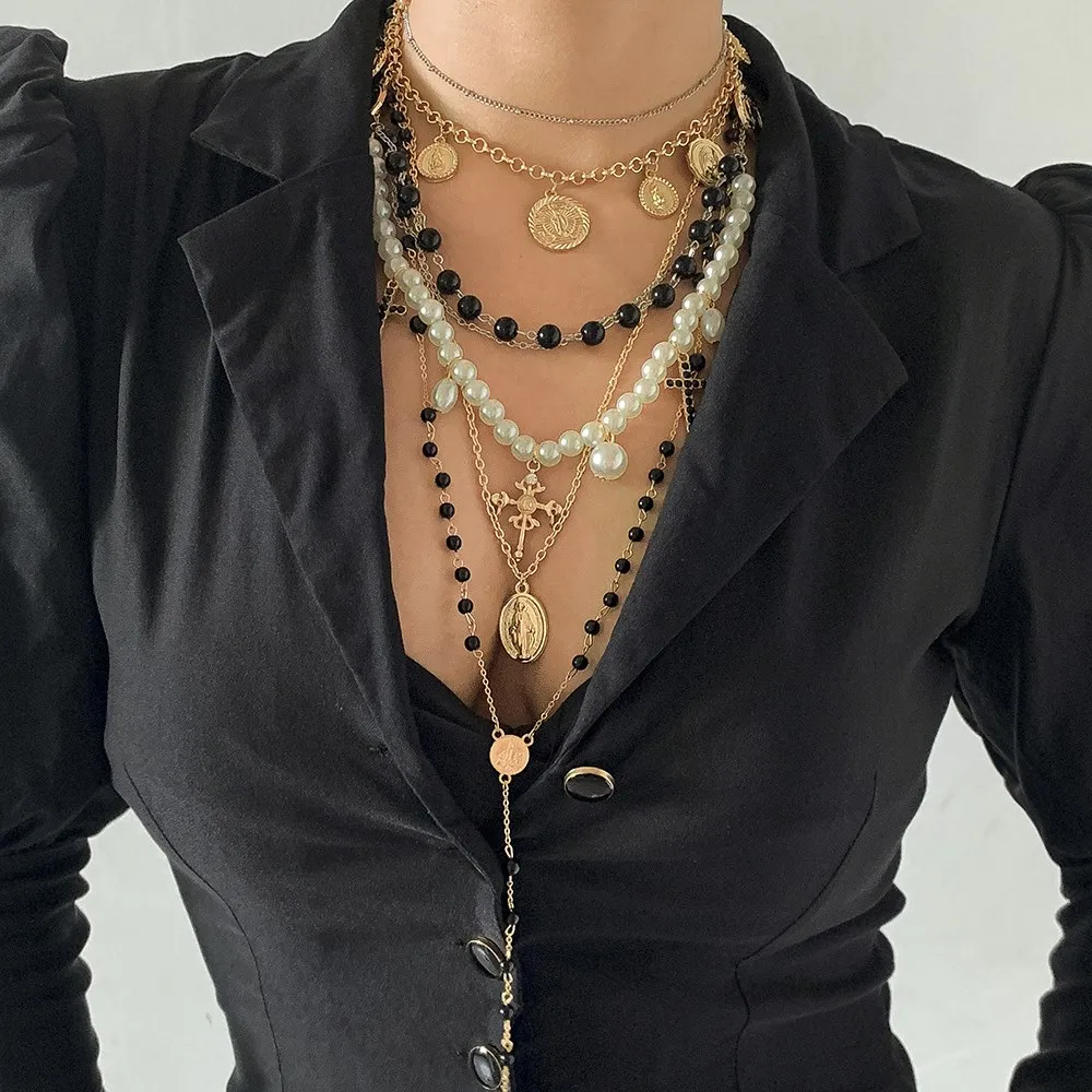 

4Pcs/Set Vintage Multi-layered Virgin mary with Cross Pendant Necklace Set Female Boho Black Pearl Beaded Choker Necklace Jewelr