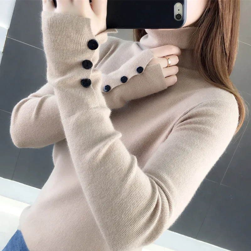 

2021 Autumn Winter Clothes New Slim-Fit Long-Sleeved Pile Turtleneck Knitted Pullover Women Solid Tight Sweater Female