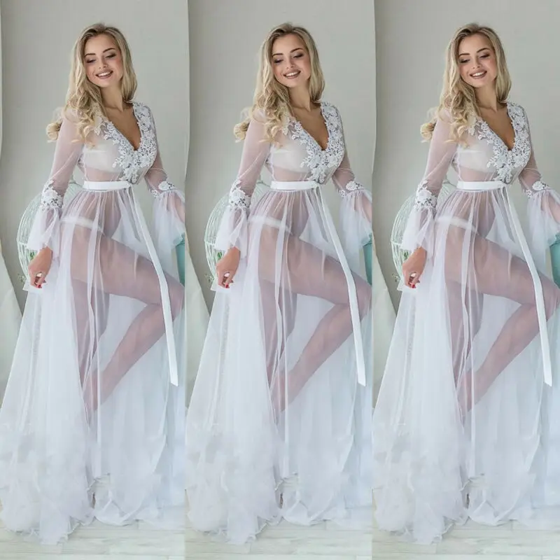 

Women Lace Perspective Kimono Robe Dressing Gown Night Dress Sexy See Through Bathrobe Cover Up Long Maxi Dress Nightdress