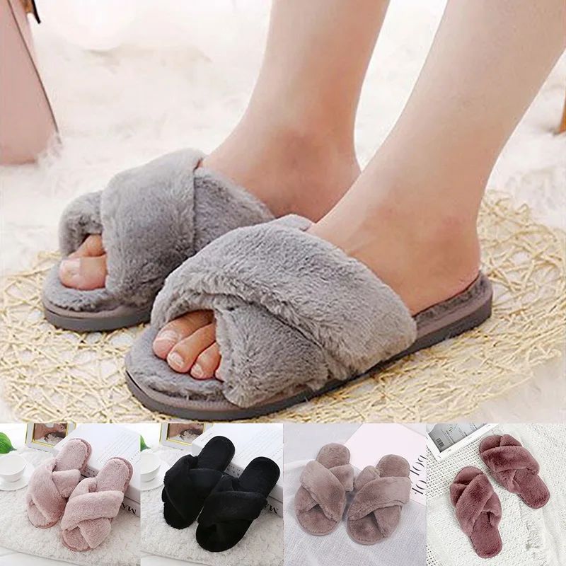 

LITTHING Women Furry Slippers Ladies Shoes Cute Plush Fox Hair Fluffy Sandals Indoor Home Fur Warm Slippers