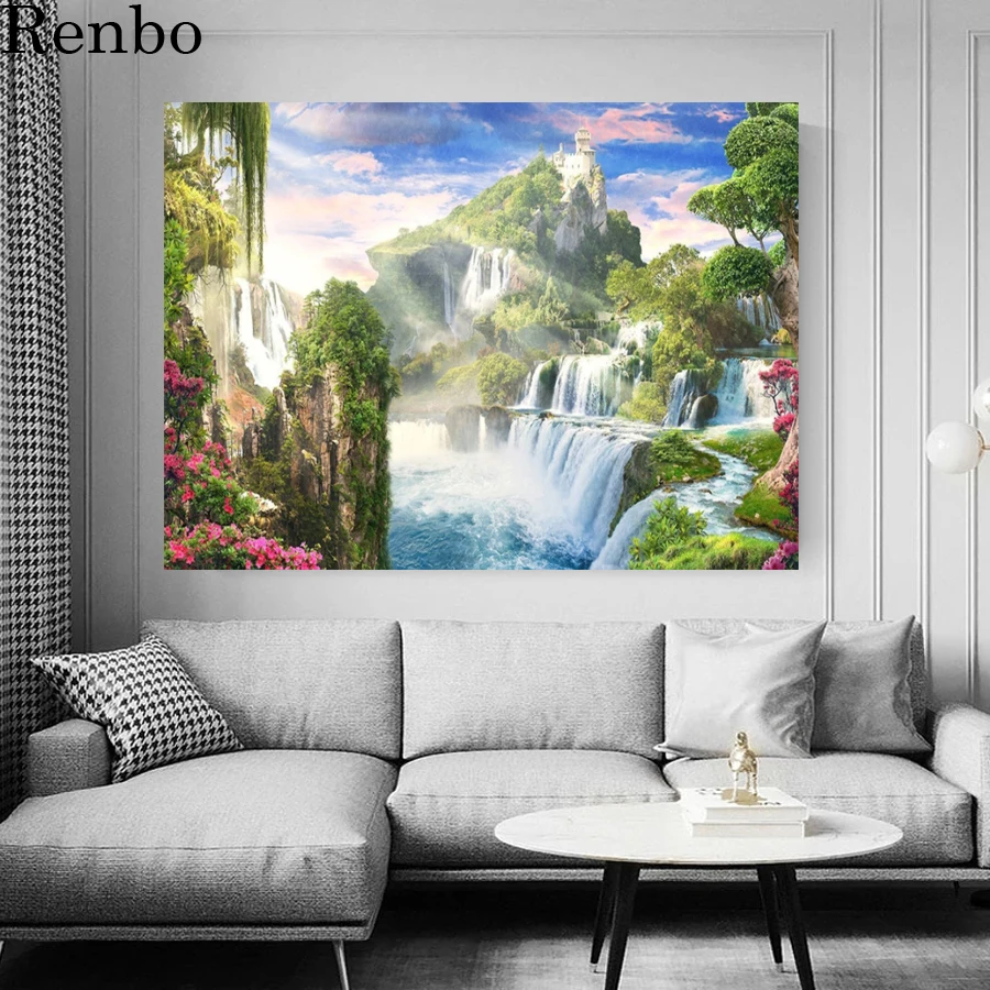 

Diy full square round 5d diamond painting waterfall diamond mazayka embroidery crystal mountain Evergreen Tree diamond mosaic