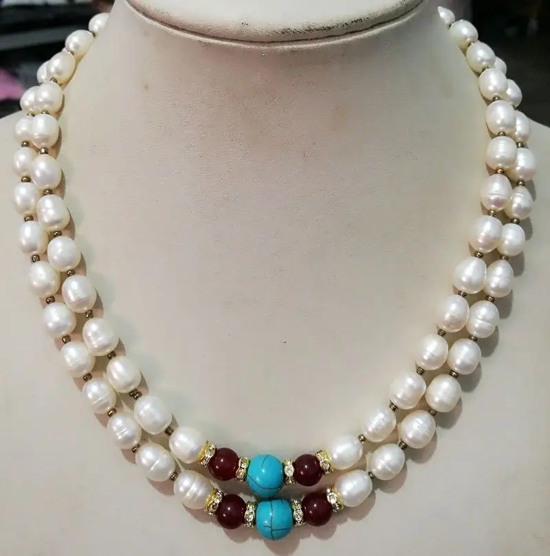 

2 ряда натуральный размером 7-8 мм, белые Пресноводные культивированный пресноводный жемчуг риса Цепочки и ожерелья 17-18"