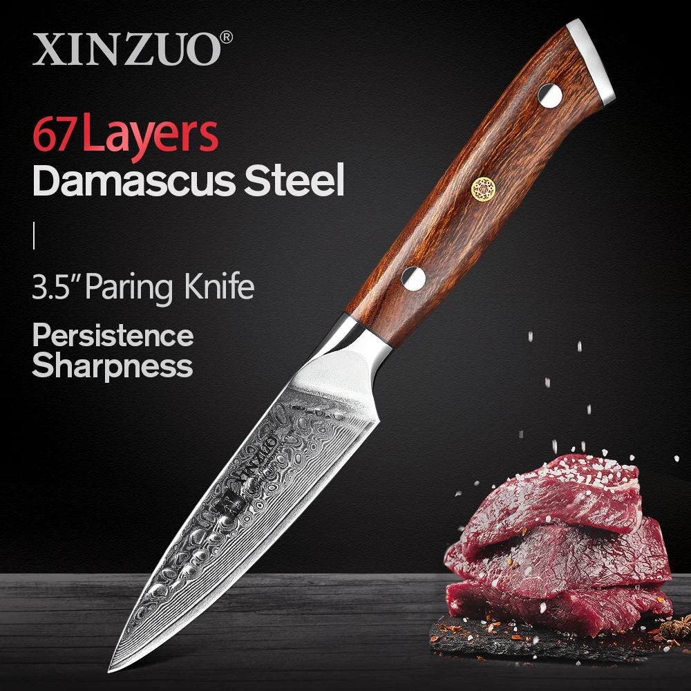 

XINZUO 3.5'' Paring Knife VG10 Damascus Steel Ultra Sharp Cutter Kitchen Fruit Knives with North America Desert Ironwood Handle