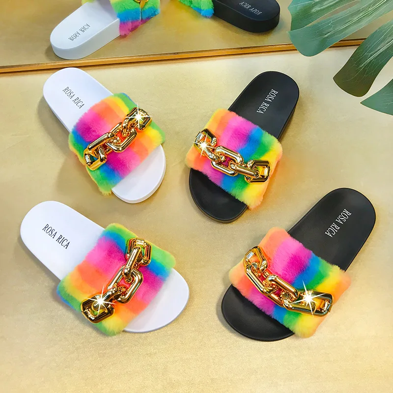 

Summer Women Candy Color Fur Slippers Fashion Big Metal Chain Design Furry Ladies Slides Female Soft Flat Home Open Toe Shoes